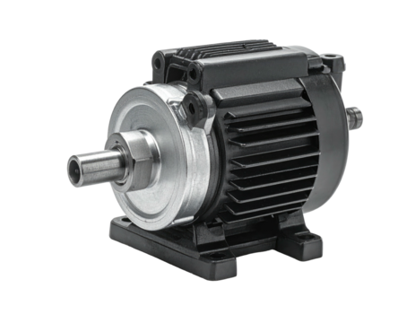 Close-up of a compact industrial motor.  Dark gray/black housing, light gray/silver components, visible shaft