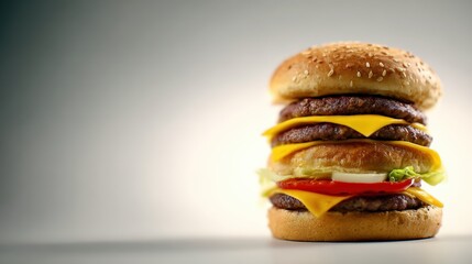 Delicious layered cheeseburger with fresh ingredients and sesame seed bun