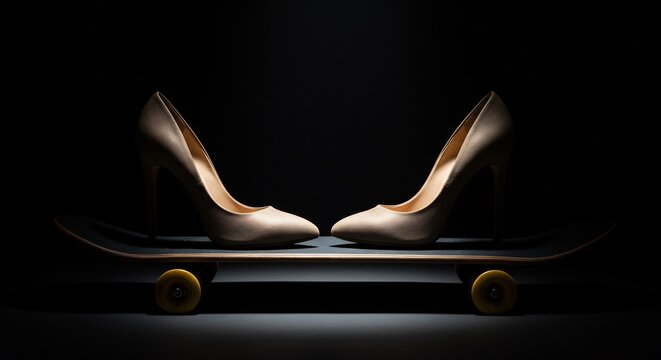 スケートボードに乗った上品なハイヒールが美しく照らされ輝いている