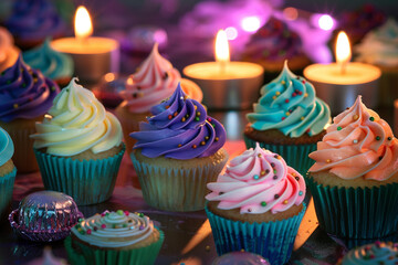 A table adorned with a vibrant array of cupcakes, each topped with intricate frosting designs, illuminated by soft candlelight.