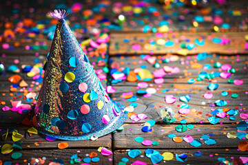 A vibrant birthday hat adorned with glittering sequins, resting atop a rustic wooden table surrounded by colorful confetti.