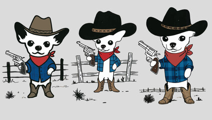Three chihuahua dogs dressed as cowboys holding guns in a western scene