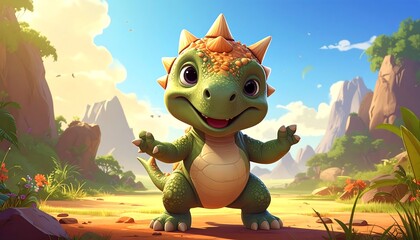Charming Cartoon Dinosaur in a Scenic Landscape with Mountain Views