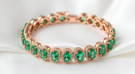 Close up of a gold bracelet with green stones and diamonds on a white satin background jewelry item