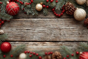 Fir-tree branches with christmas decorations on wooden table
