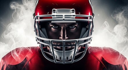 Naklejka premium Intense closeup of an american football player in a red uniform and helmet