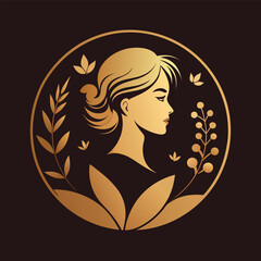 Golden beauty salon logo featuring a womans profile with leaves, ideal for branding and marketing materials design concept