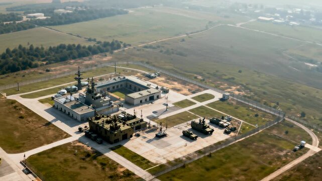 An enemy reconnaissance drone is hit over a military base and explodes., showcasing advanced technology in real time during daytime operation