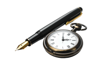 A black fountain pen and antique pocket watch