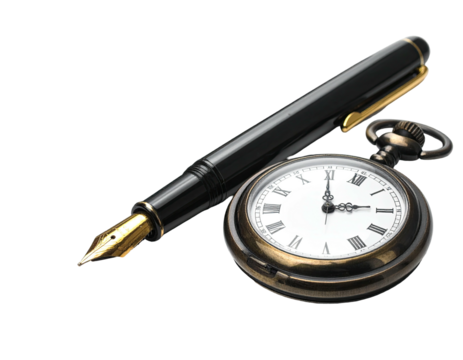 A black fountain pen and antique pocket watch
