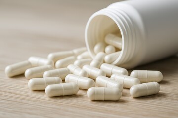Transparent plastic jar with spilled probiotic capsules, close-up product photography