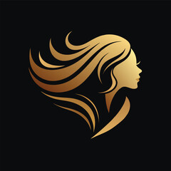 Golden beauty logo design, a womans profile with flowing hair on black background, perfect for luxury brand identity creation