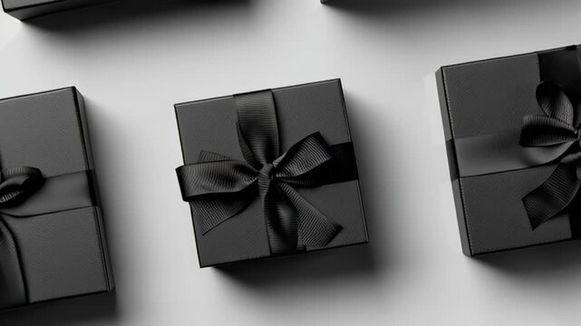 Minimal all‑black flat lay: stacked gift boxes with sleek ribbon accents on a deep matte surface; refined loop for luxury retail and seasonal campaigns