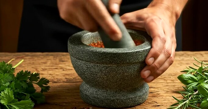 Preparing spices in a mortar and pestle on a table