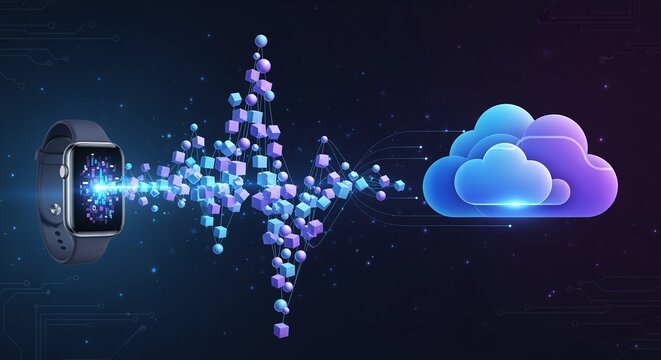 Illustration depicting a smartwatch transmitting data to a cloud server, representing data synchronization and cloud computing.