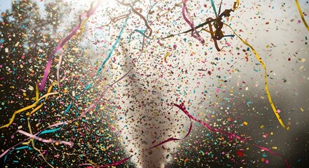 A festive explosion of colorful confetti and streamers, capturing the joy and excitement of a celebration with a burst of vibrant energy