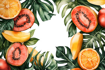 Watercolor illustration featuring vibrant summer fruits like papaya, banana, orange, and watermelon surrounded by lush green tropical leaves with ample copy space for design purposes