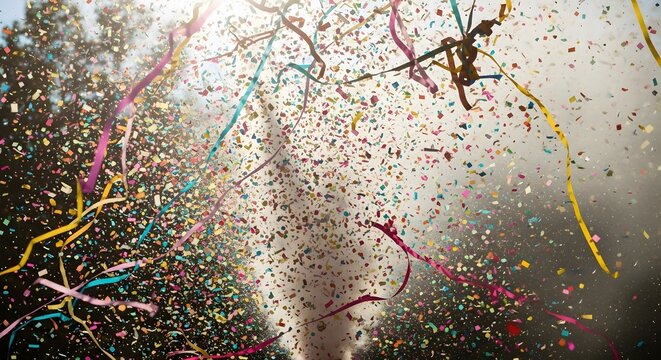 A festive explosion of colorful confetti and streamers, capturing the joy and excitement of a celebration with a burst of vibrant energy