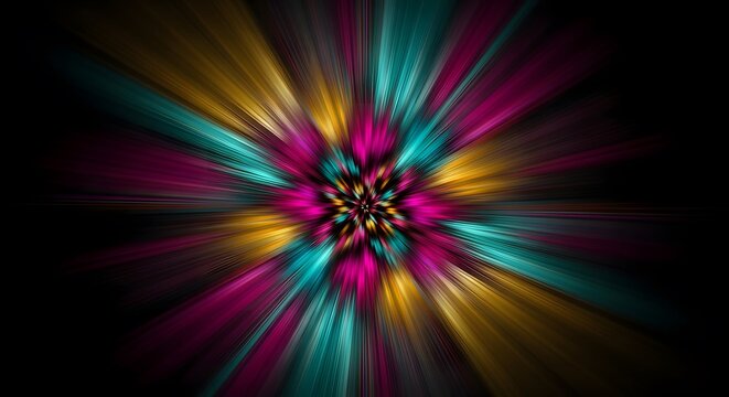 A mesmerizing kaleidoscope of teal, pink, and gold hues radiates from a central point, creating a captivating and elegant abstract design on black
