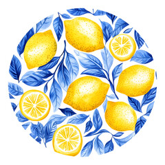 Blue and white watercolor illustration featuring round design of lemons and leaves, capturing Mediterranean essence with vibrant colors and intricate details, perfect for decorative t-shirt designs