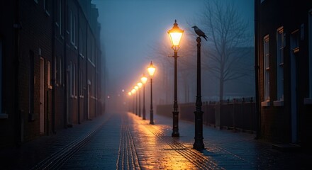 Foggy Evening Street with Gas Lamps and a Crow