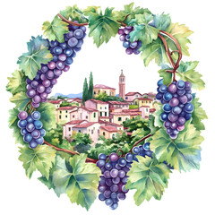 Grapevine wreath encircling a picturesque Italian village, showcasing vibrant watercolor illustration with lush green leaves and ripe grapes, perfect for t-shirt print design and artistic expression