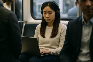 Burned-out young Asian woman working on laptop while commuting on public transport