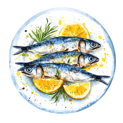 Watercolor illustration of three sardines on a plate with lemon slices and herbs, featuring Mediterranean decor, perfect for t-shirt print design and culinary art concepts