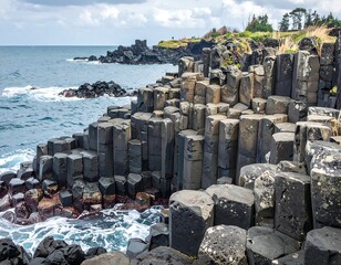 Coastal Landscape Featuring Basalt Columns and Ocean Waves