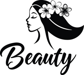 Elegant beauty logo featuring a womans profile with flowers in her hair isolated on white background for branding and design projects