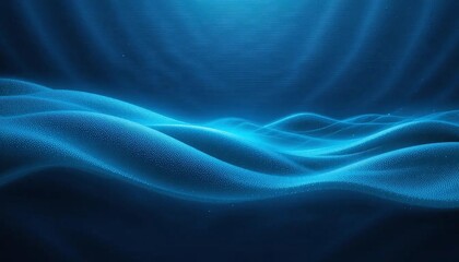 Obraz premium Abstract visualization of undulating blue waves with ethereal light emanating from above, suggesting a deep ocean or cosmic phenomenon.