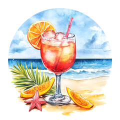 Summer cocktail featuring vibrant fruits, served in a glass with ice, set against a beach backdrop, showcasing a watercolor illustration with tropical elements and a refreshing vibe