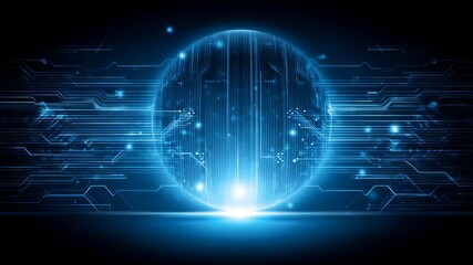 Abstract futuristic global technology background with glowing blue sphere, digital circuit board lines, data flow, and network connections. - Powered by Adobe