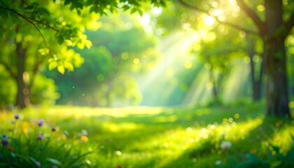 Beautiful sunlit forest landscape with vibrant green foliage and dappled light