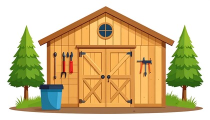 Cartoon illustration of a wooden shed with tools, trees and a trash can