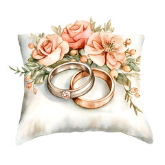Vintage rustic wedding rings pillow adorned with delicate floral decorations, featuring elegant gold and silver rings, watercolor illustration with soft pastel colors and ambiance for wedding themes
