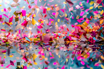 Confetti scattered on a reflective surface, creating a kaleidoscope of colors and shapes in a mesmerizing birthday display.