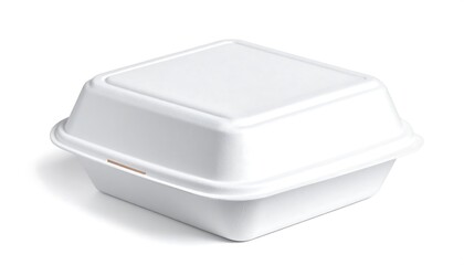 Closed White Styrofoam Food Container Isolated on a White Background