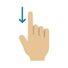 Fototapeta premium Illustration of a hand with a pointing finger and a blue arrow pointing downwards on a white background