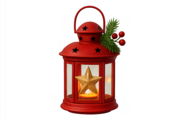 Red christmas lantern with star and pine decor