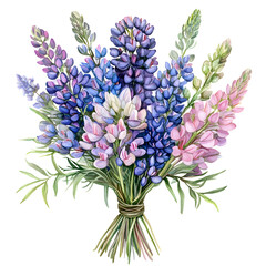 Beautiful watercolor illustration of a bridal bouquet featuring vibrant lupines in various shades, elegantly arranged with lush greenery, perfect for wedding themes and floral design concepts