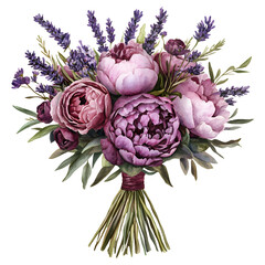 Beautiful watercolor illustration of a wedding bouquet featuring peony roses and lavender, showcasing vibrant colors and delicate details, perfect for floral design and romantic themes