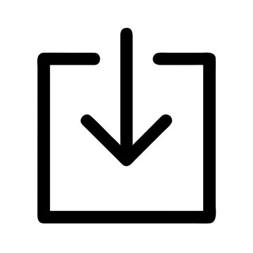 Black outline of a square with an arrow pointing down into it representing a download symbol icon