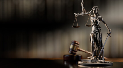 Legal Concept: Themis is the goddess of justice and the judge's gavel hammer as a symbol of law and order on the background of books