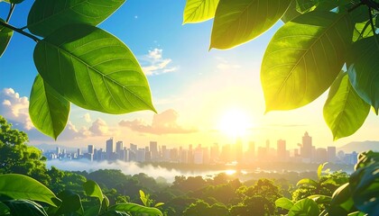 Cityscape View Through Lush Green Leaves with a Bright Sun and Blue Sky