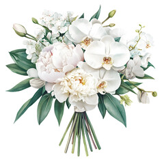 Elegant wedding bouquet featuring white peonies and phalaenopsis orchids, beautifully arranged with lush greenery in a watercolor illustration, perfect for romantic floral design concepts, invitations