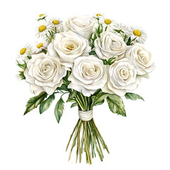 White rose bouquet with chamomile flowers, beautifully illustrated in watercolor style, showcasing delicate petals and lush greenery, perfect for wedding themes and floral design concepts