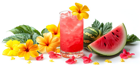 Refreshing summer cocktail garnished with vibrant frangipani and hibiscus flowers, surrounded by lush monstera leaves and juicy watermelon slices, perfect for tropical vibes and relaxation
