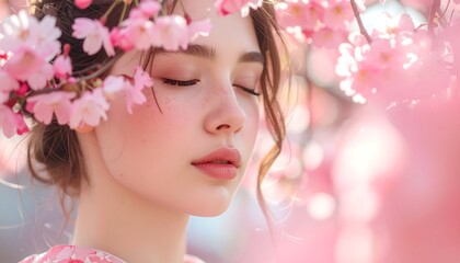 Beautiful Young Woman with Closed Eyes Surrounded by Cherry Blossoms