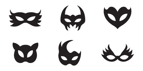 Different Mask silhouette isolated on transparent background Masquerade vector for apps or web party superhero carnival villain or burglar icon in flat. costume eye mask hidden person face